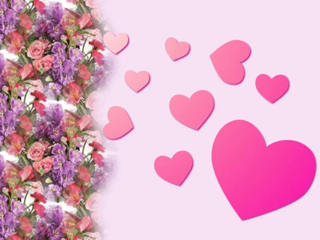 Flowers and pink hearts wallpaper